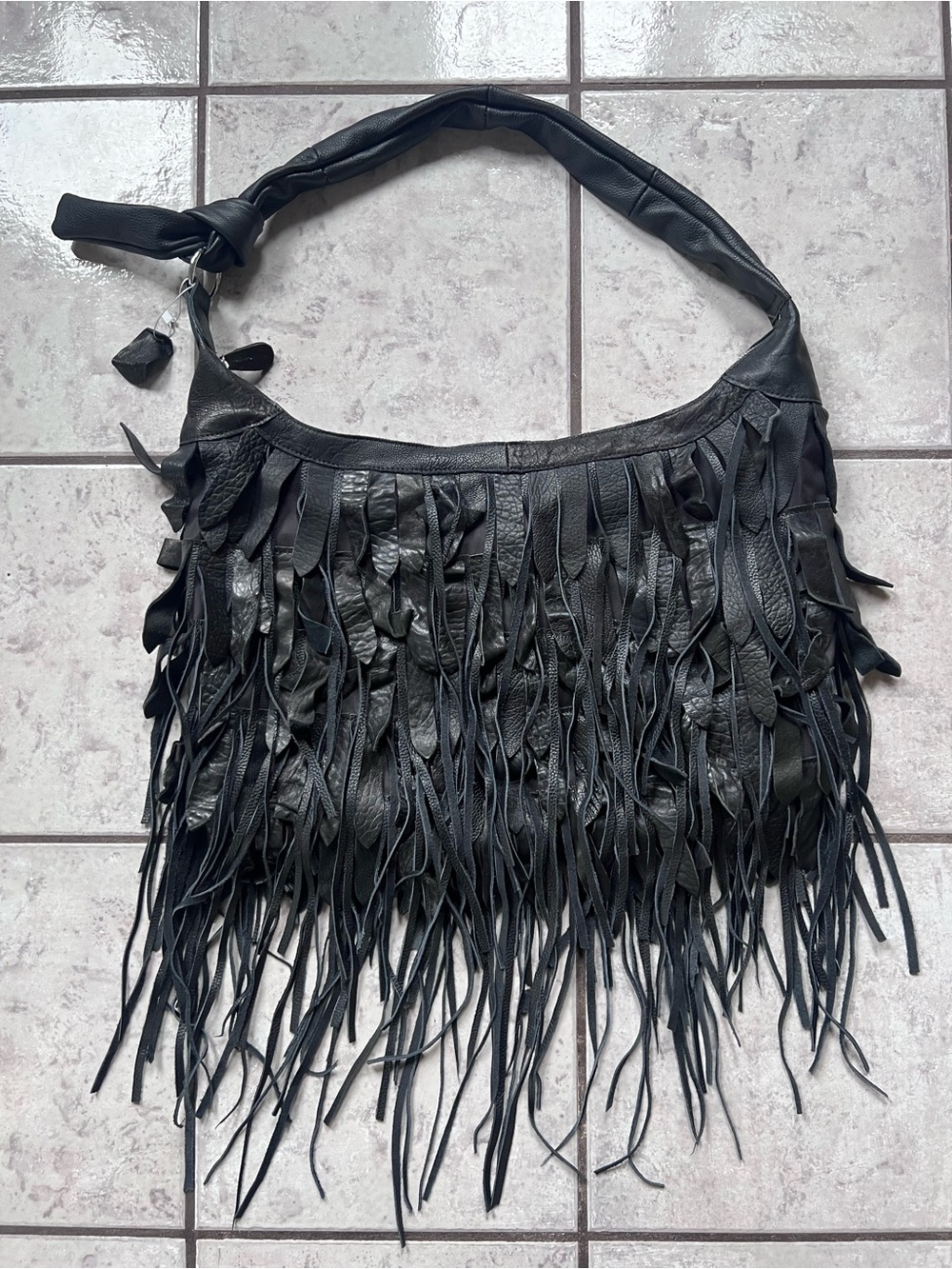 Oversize Black Leather Fringe Shoulder Bag